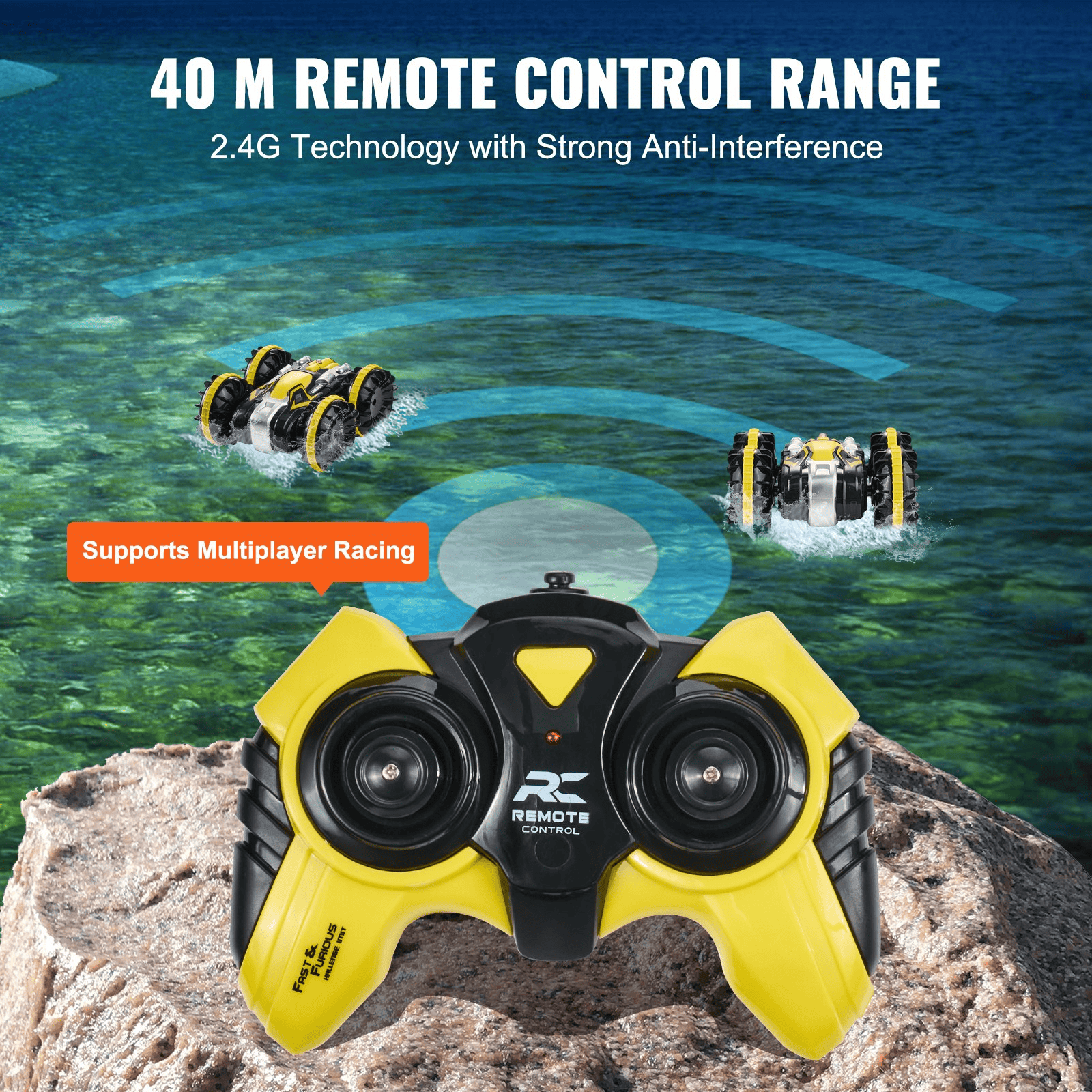 VEVOR Amphibious Remote Control Car Boat 2.4 GHz 4WD RC Boat Kids Adults Yellow - The Little Big Store