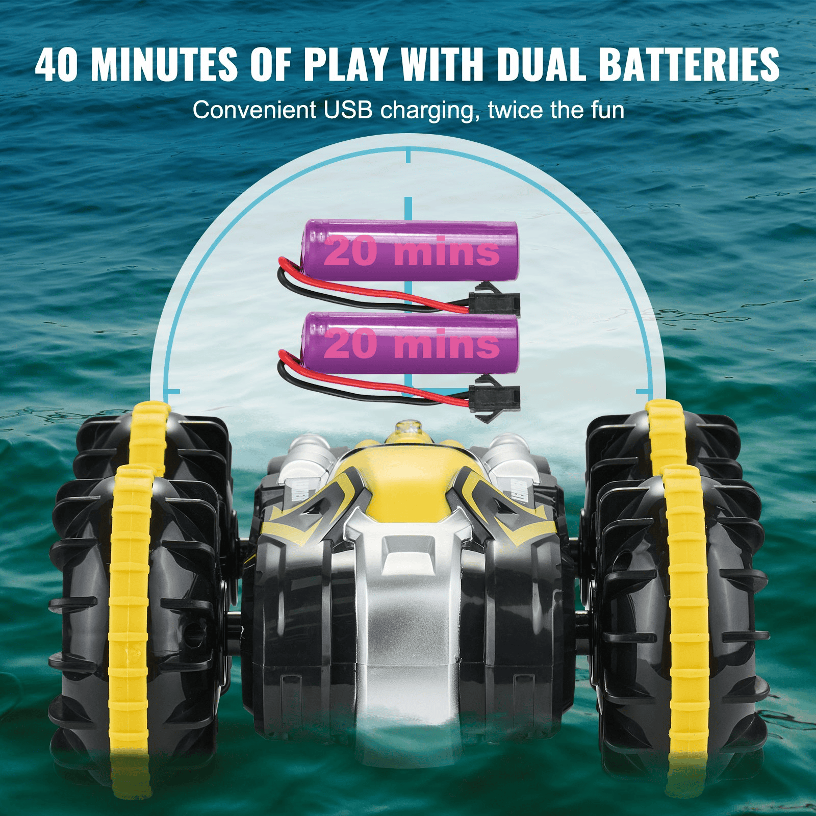VEVOR Amphibious Remote Control Car Boat 2.4 GHz 4WD RC Boat Kids Adults Yellow - The Little Big Store