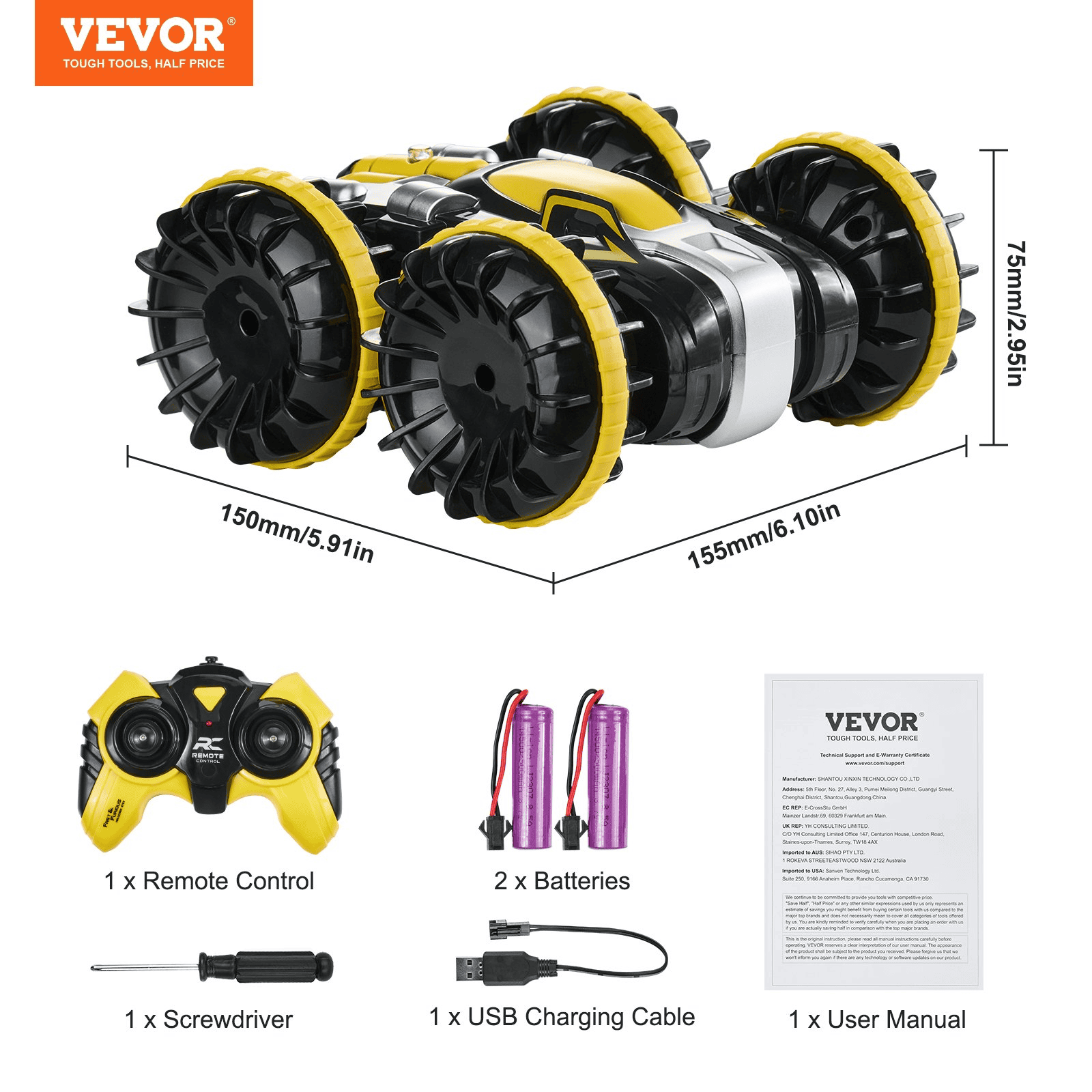VEVOR Amphibious Remote Control Car Boat 2.4 GHz 4WD RC Boat Kids Adults Yellow - The Little Big Store