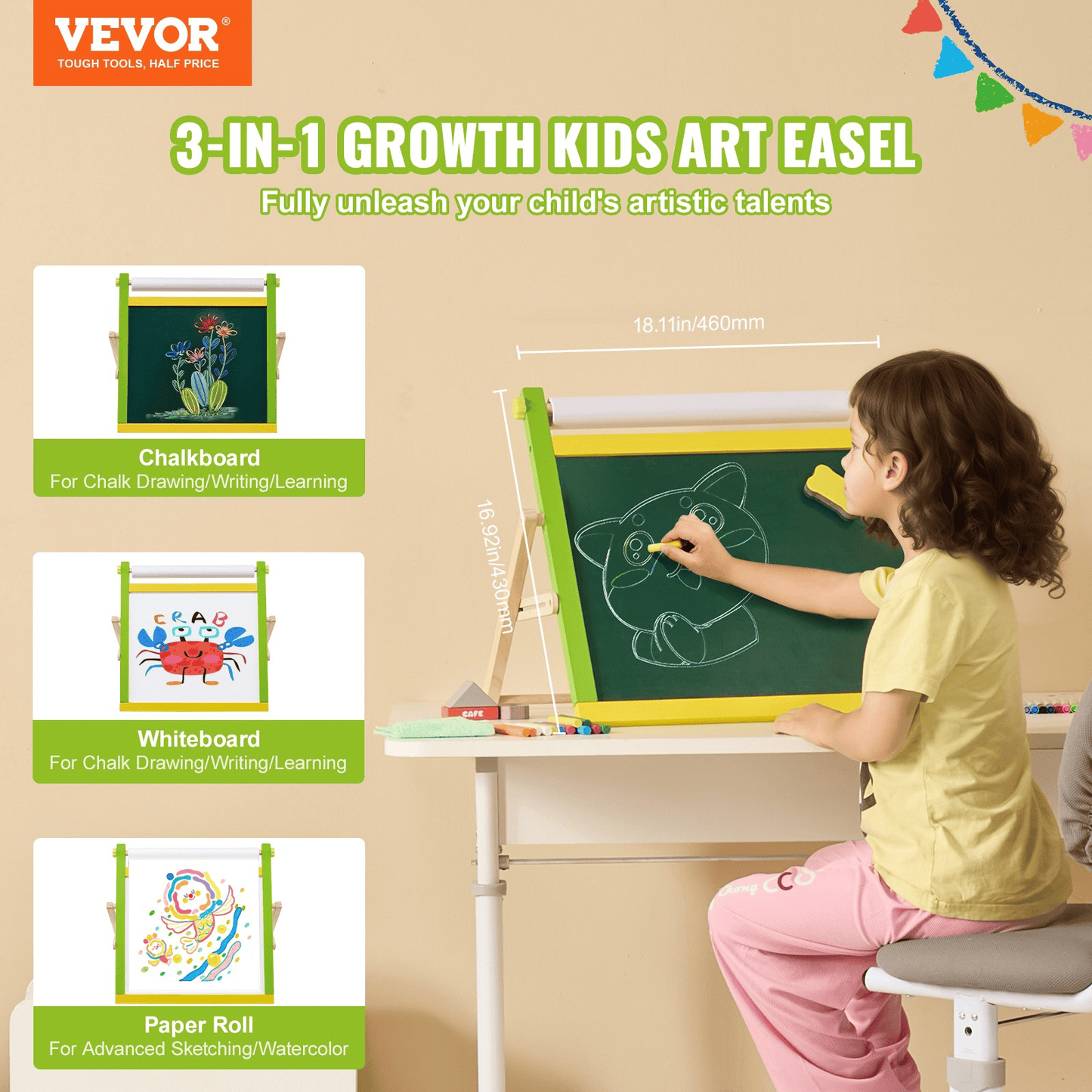 VEVOR 3-in-1 Tabletop Kids Art Easel Double-Sided Magnetic Whiteboard Chalkboard - The Little Big Store