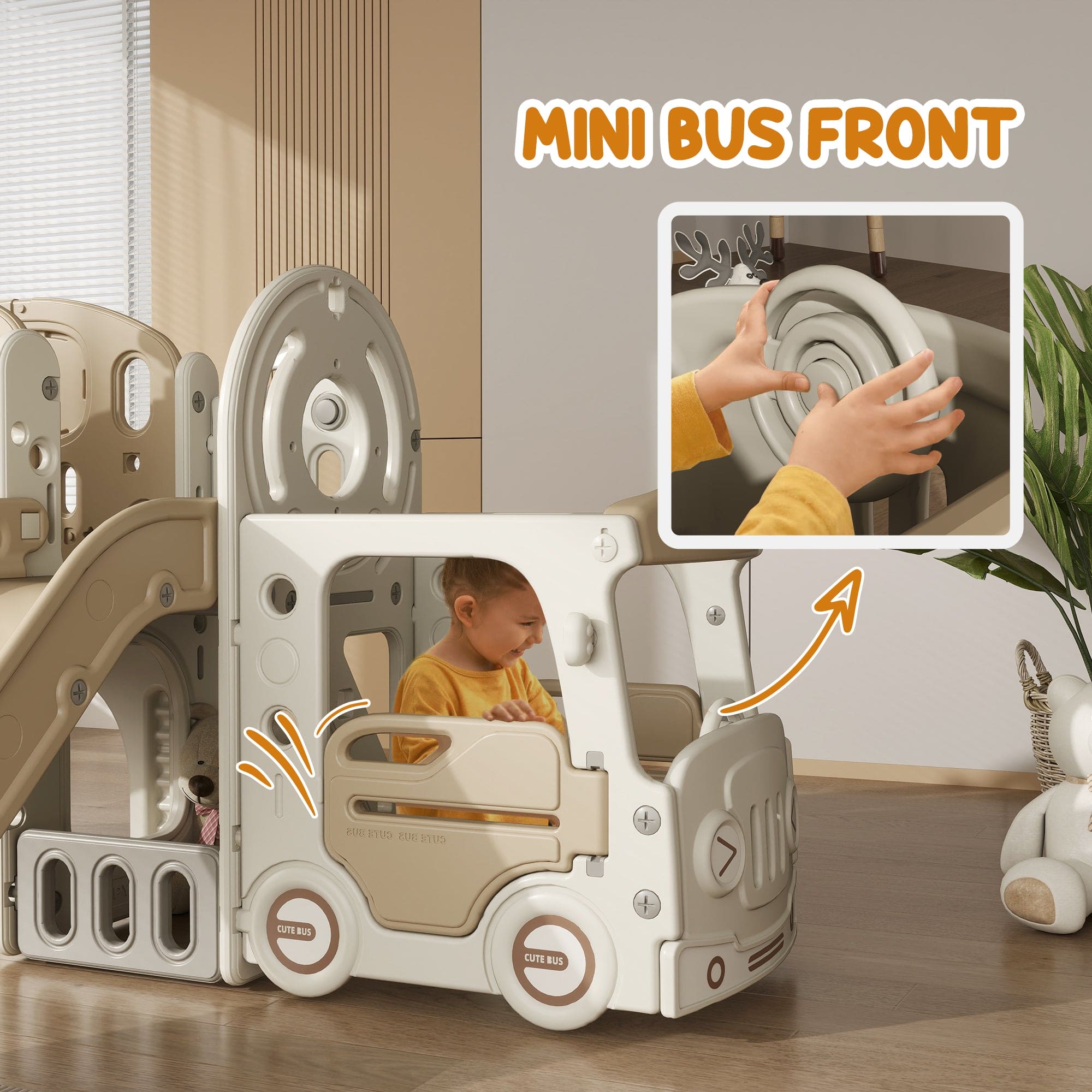 Qaba 9 in 1 Toddler Slide, Indoor Slide for Kids Ages 1-6, Car Themed Baby Slide with Basketball Hoop, Climber, Storage Space, Ring Toss, Telescope, Tunnel, Cream White - The Little Big Store