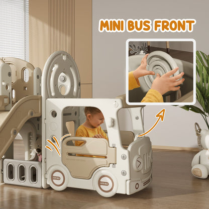 Qaba 9 in 1 Toddler Slide, Indoor Slide for Kids Ages 1-6, Car Themed Baby Slide with Basketball Hoop, Climber, Storage Space, Ring Toss, Telescope, Tunnel, Cream White - The Little Big Store