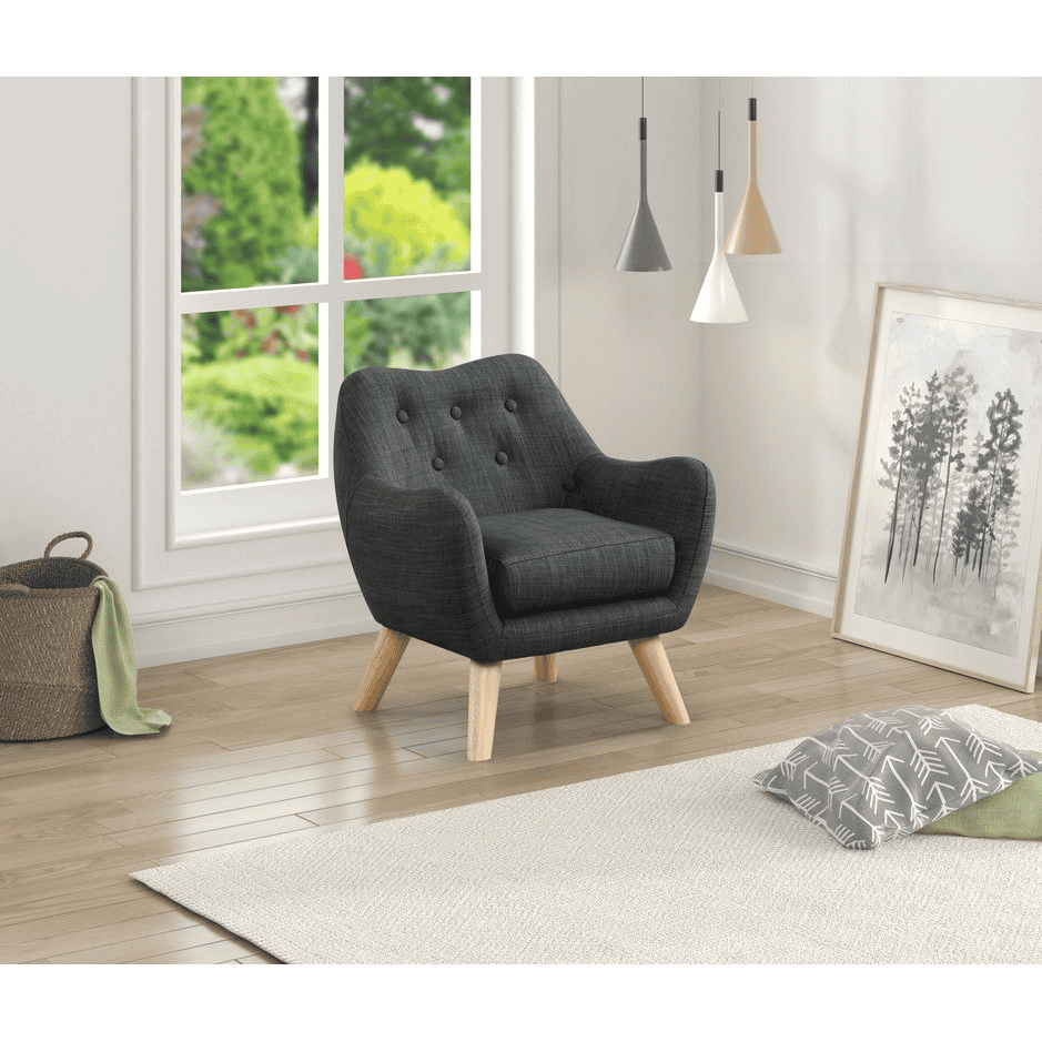 Fenix 19.5"W Gray Linen Kids Chair with Button Tufted Back and Wooden Legs - The Little Big Store