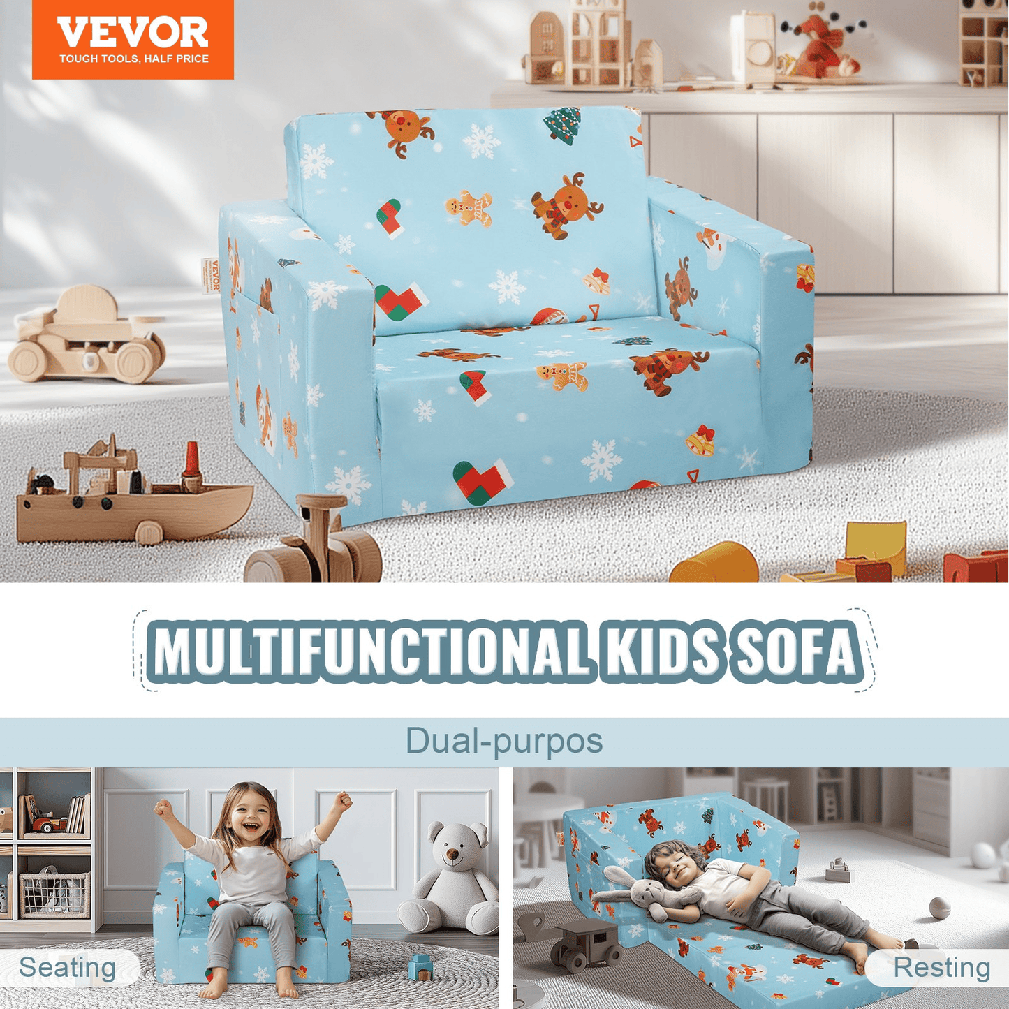 VEVOR Kids Christmas Couch, 2-in-1 Toddler Chairs Comfy, Toddler Couch Sofa Bed Fold Out, Convertible Sofa to Lounger, Kids Chair Seat Playroom Furniture for Kids Girls & Boys, Sky Blue - The Little Big Store