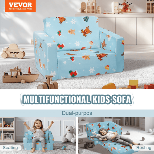 VEVOR Kids Christmas Couch, 2-in-1 Toddler Chairs Comfy, Toddler Couch Sofa Bed Fold Out, Convertible Sofa to Lounger, Kids Chair Seat Playroom Furniture for Kids Girls & Boys, Sky Blue - The Little Big Store