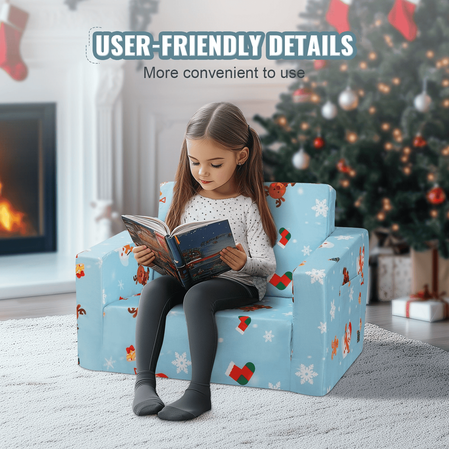 VEVOR Kids Christmas Couch, 2-in-1 Toddler Chairs Comfy, Toddler Couch Sofa Bed Fold Out, Convertible Sofa to Lounger, Kids Chair Seat Playroom Furniture for Kids Girls & Boys, Sky Blue - The Little Big Store