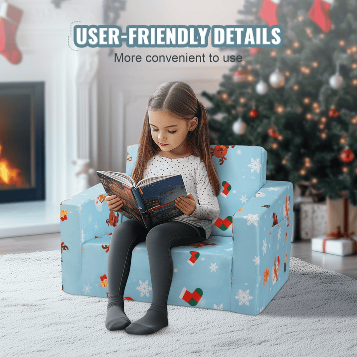 VEVOR Kids Christmas Couch, 2-in-1 Toddler Chairs Comfy, Toddler Couch Sofa Bed Fold Out, Convertible Sofa to Lounger, Kids Chair Seat Playroom Furniture for Kids Girls & Boys, Sky Blue - The Little Big Store