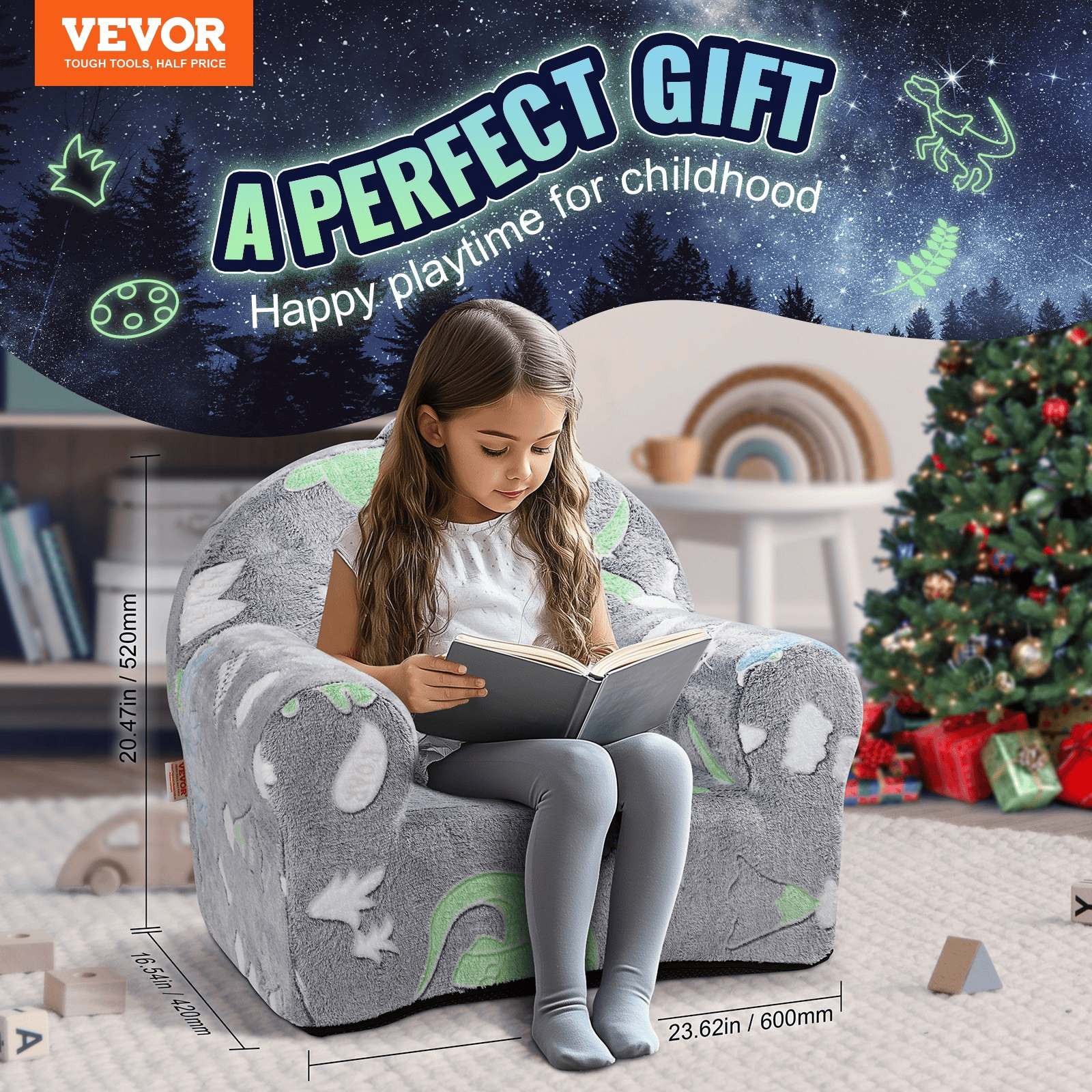 VEVOR Toddler Chair, Kids Armchair Comfy, Toddler Couch Sofa Bed Glow in The Dark, Kids Chair Seat Playroom Furniture for Kids Girls & Boys, Grey - The Little Big Store