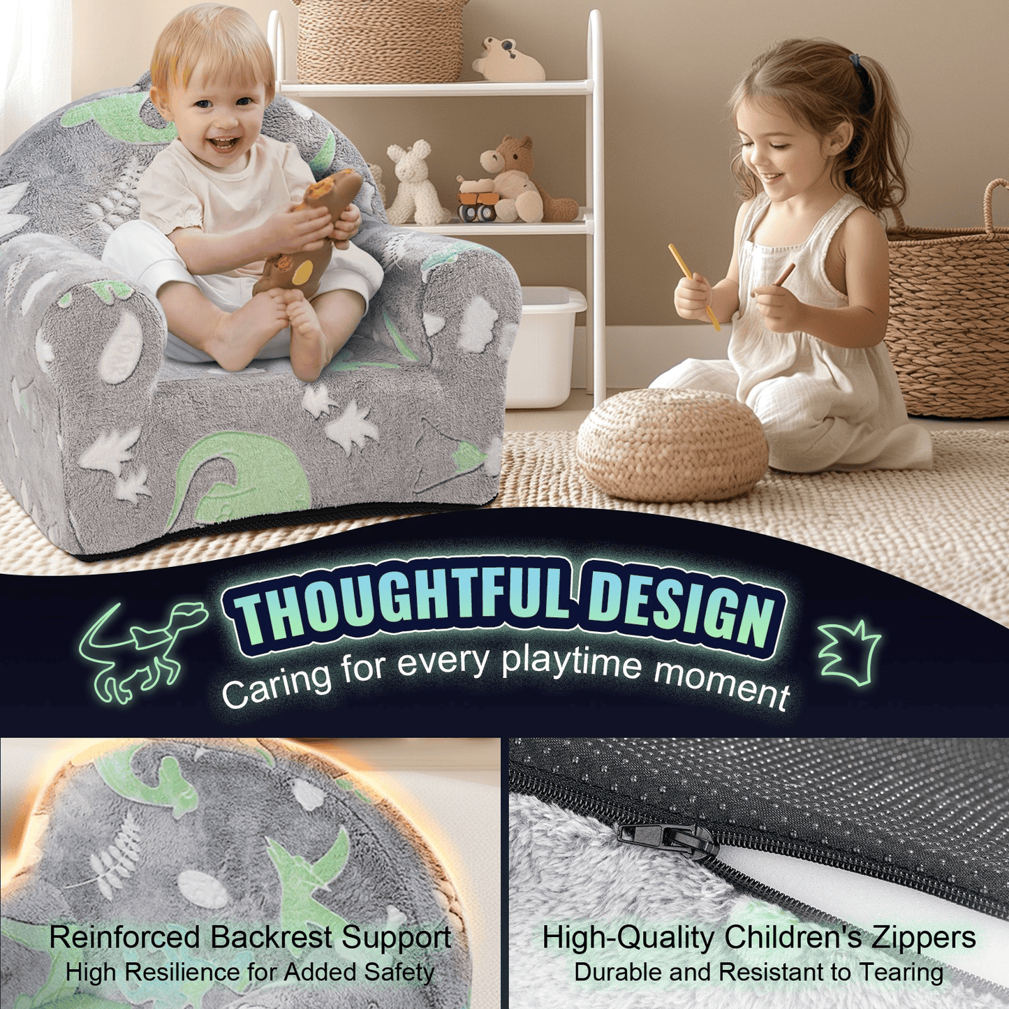 VEVOR Toddler Chair, Kids Armchair Comfy, Toddler Couch Sofa Bed Glow in The Dark, Kids Chair Seat Playroom Furniture for Kids Girls & Boys, Grey - The Little Big Store
