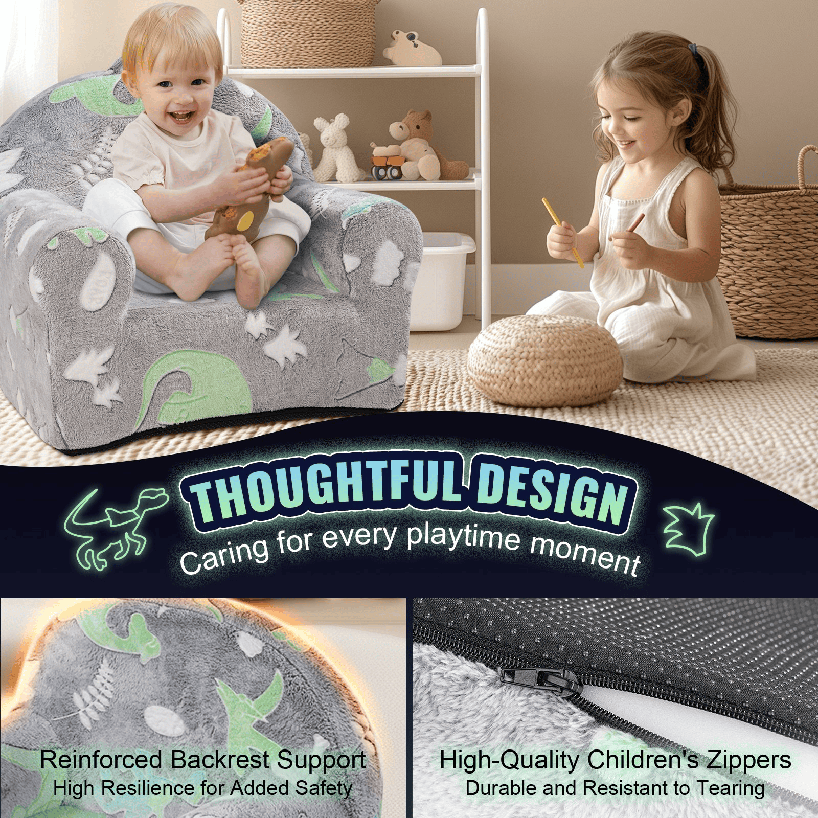 VEVOR Toddler Chair, Kids Armchair Comfy, Toddler Couch Sofa Bed Glow in The Dark, Kids Chair Seat Playroom Furniture for Kids Girls & Boys, Grey - The Little Big Store