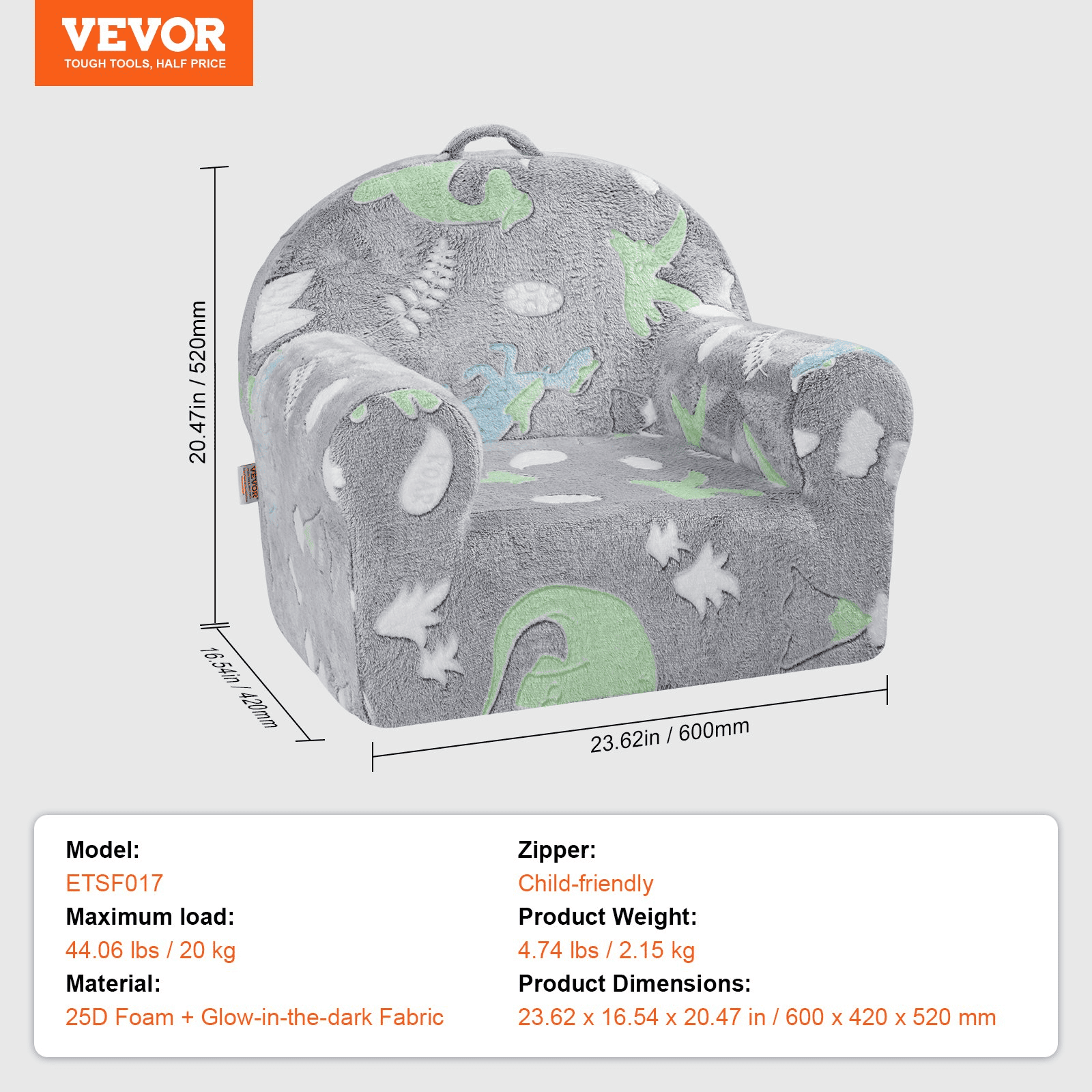 VEVOR Toddler Chair, Kids Armchair Comfy, Toddler Couch Sofa Bed Glow in The Dark, Kids Chair Seat Playroom Furniture for Kids Girls & Boys, Grey - The Little Big Store
