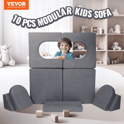 Kids Couch, 10Pcs Modular Kids Play Couch, Toddler Couch Sofa Bed, Kids Chair Seat Playroom Furniture, Kids Sofa with Removable Cover for Kids Girls & Boys, Grey - The Little Big Store