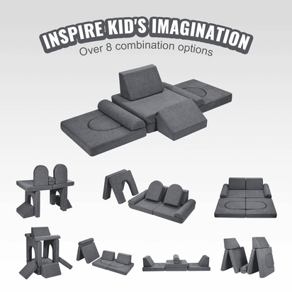 Kids Couch, 10Pcs Modular Kids Play Couch, Toddler Couch Sofa Bed, Kids Chair Seat Playroom Furniture, Kids Sofa with Removable Cover for Kids Girls & Boys, Grey - The Little Big Store