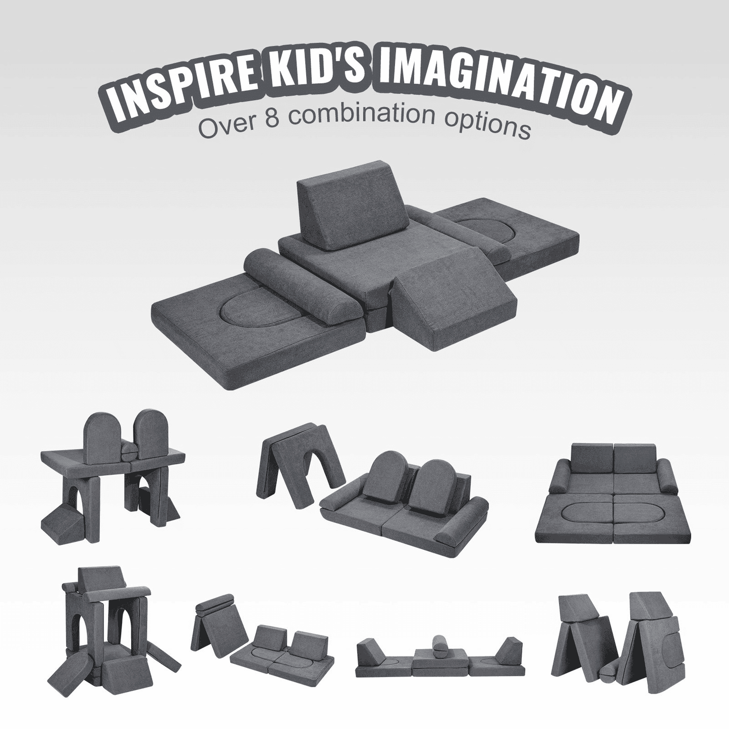 Kids Couch, 10Pcs Modular Kids Play Couch, Toddler Couch Sofa Bed, Kids Chair Seat Playroom Furniture, Kids Sofa with Removable Cover for Kids Girls & Boys, Grey - The Little Big Store