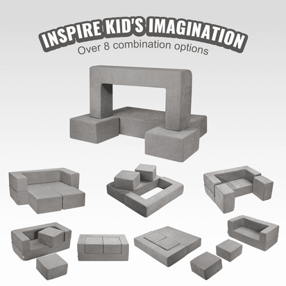 Kids Couch, 4Pcs Modular Kids Play Couch, Toddler Couch Sofa Bed, Kids Chair Seat Playroom Furniture, Child Sectional Sofa with Removable Cover for Kids Girls & Boys, Grey - The Little Big Store