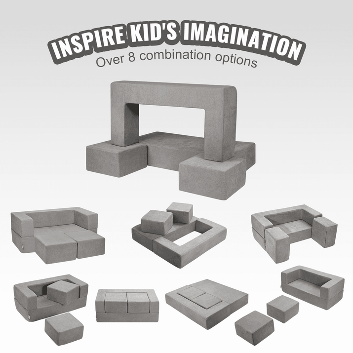 Kids Couch, 4Pcs Modular Kids Play Couch, Toddler Couch Sofa Bed, Kids Chair Seat Playroom Furniture, Child Sectional Sofa with Removable Cover for Kids Girls & Boys, Grey - The Little Big Store