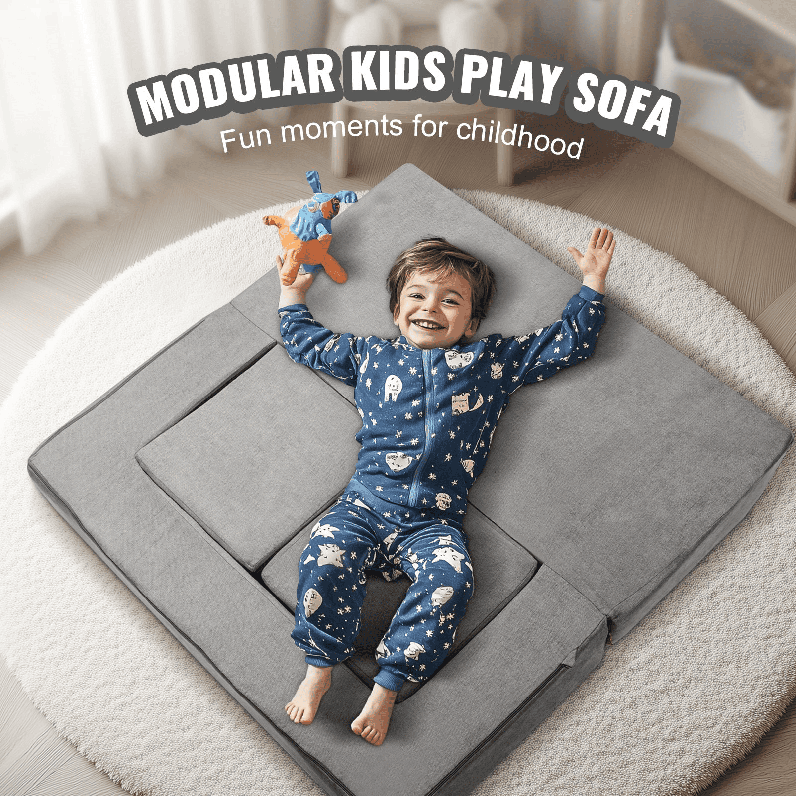 Kids Couch, 4Pcs Modular Kids Play Couch, Toddler Couch Sofa Bed, Kids Chair Seat Playroom Furniture, Child Sectional Sofa with Removable Cover for Kids Girls & Boys, Grey - The Little Big Store