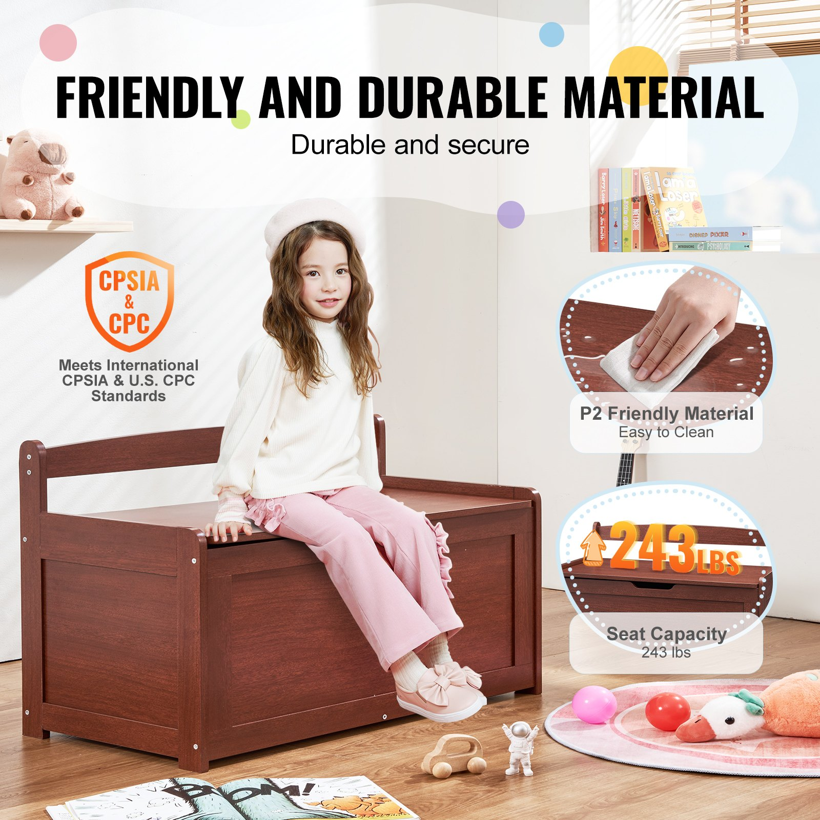 Wooden Toy Chest for Kids, Toddler Toy Storage Box with Flip-Top Lid and Safety Hinge, 32.68 x 17.91 x 24.02 Large Kids Storage Bench for Playroom, Bedroom, Living Room or Entryway, Cherry