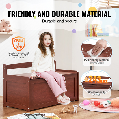 Wooden Toy Chest for Kids, Toddler Toy Storage Box with Flip-Top Lid and Safety Hinge, 32.68 x 17.91 x 24.02 Large Kids Storage Bench for Playroom, Bedroom, Living Room or Entryway, Cherry - The Little Big Store