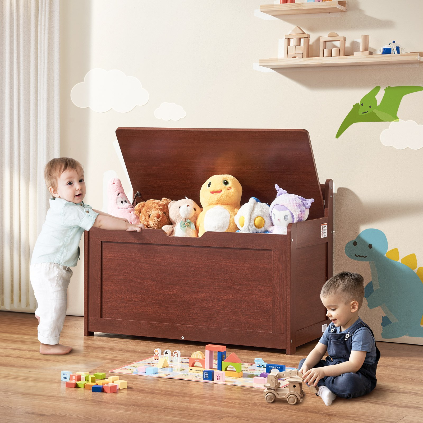 Wooden Toy Chest for Kids, Toddler Toy Storage Box with Flip-Top Lid and Safety Hinge, 32.68 x 17.91 x 24.02 Large Kids Storage Bench for Playroom, Bedroom, Living Room or Entryway, Cherry