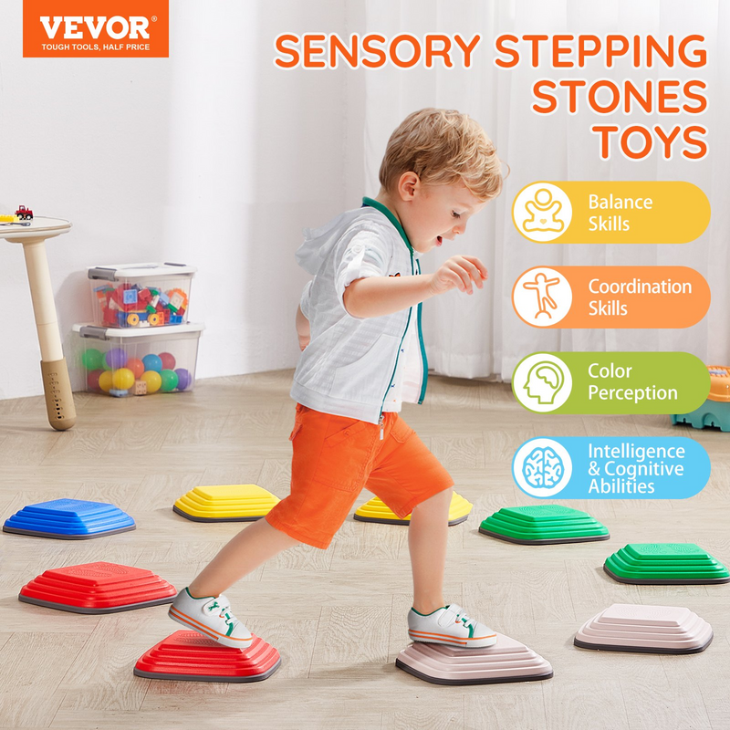 VEVOR Balance Stepping Stones for Kids, 10 PCS, Up to 220 lbs, Non-Slip Toddlers Sensory Stepping Stones, Obstacle Course Coordination Game Toys Indoor or Outdoor Play for Children Aged 3 4 5 6 7 8+