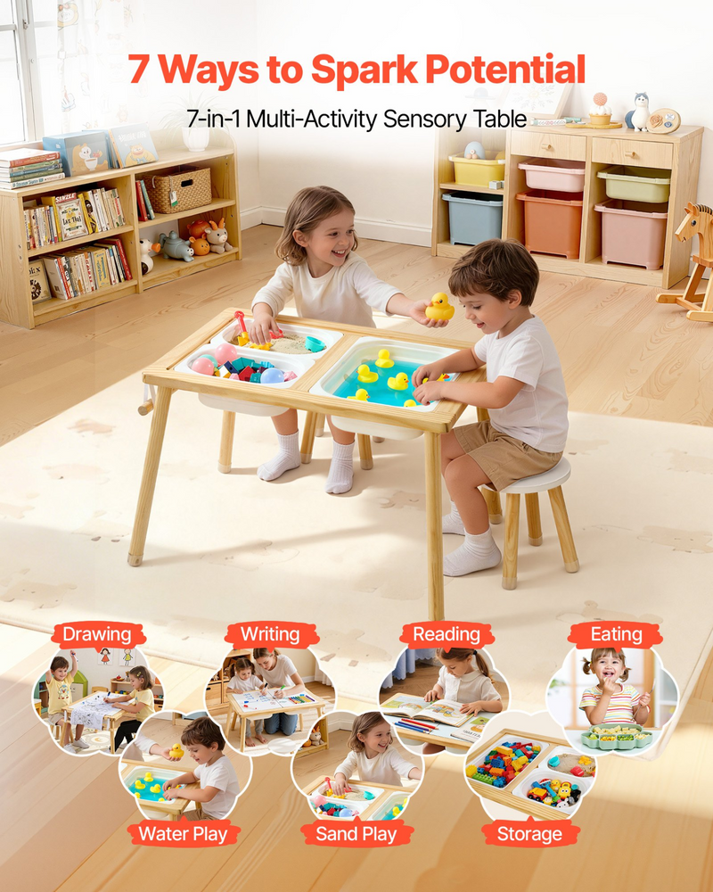 7-in-1 Wooden Sensory Table with 2 Stools & Storage
