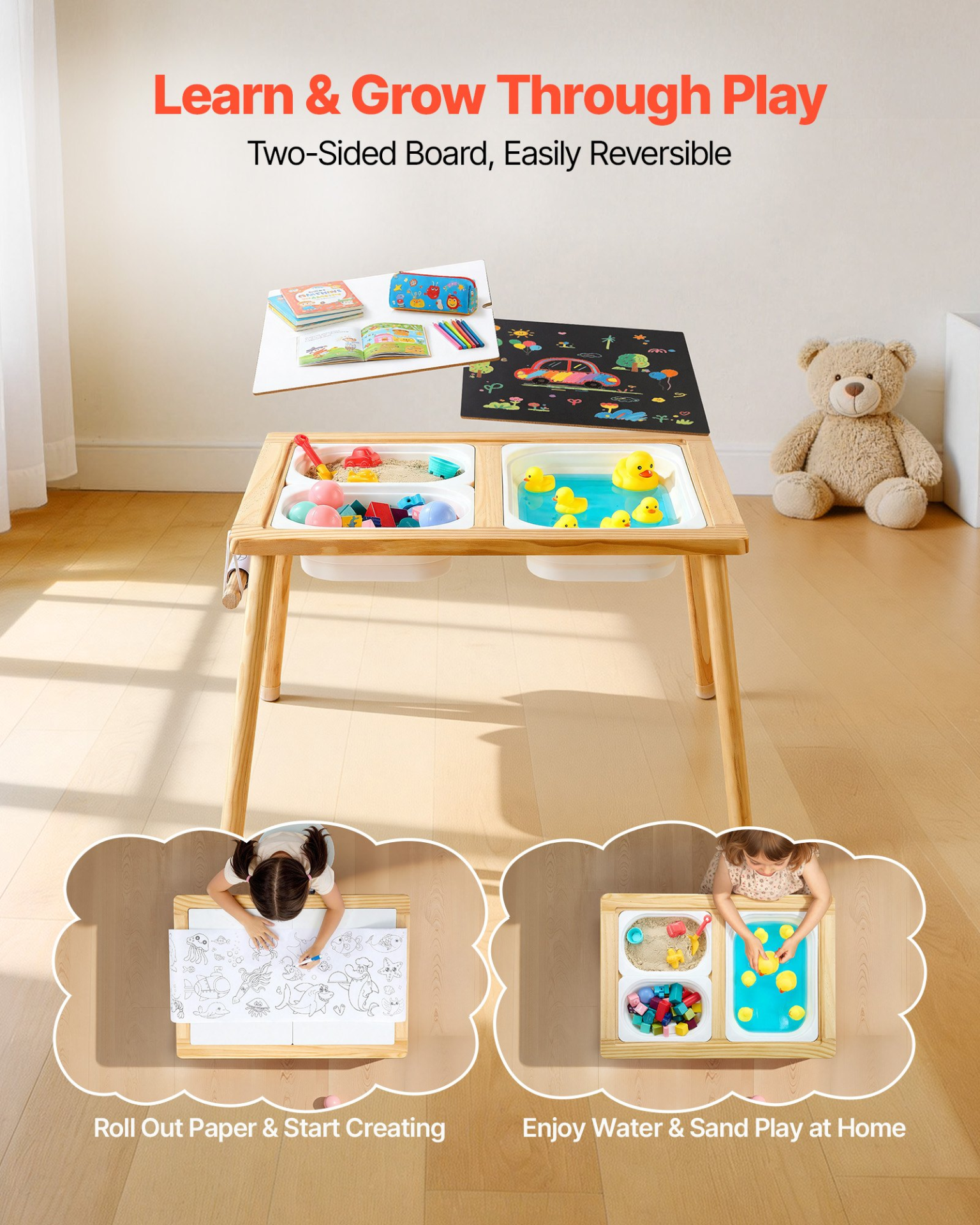 7-in-1 Wooden Sensory Table with 2 Stools & Storage