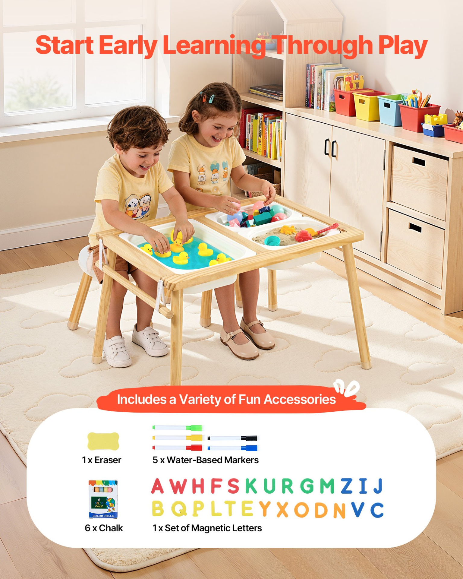 7-in-1 Wooden Sensory Table with 2 Stools & Storage