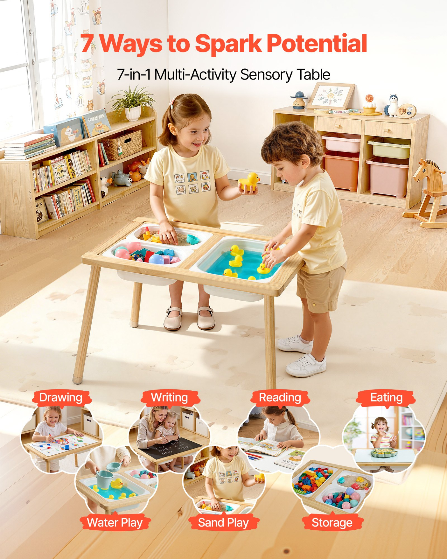 7-in-1 Wooden Sensory Table for Toddlers with Storage Bins