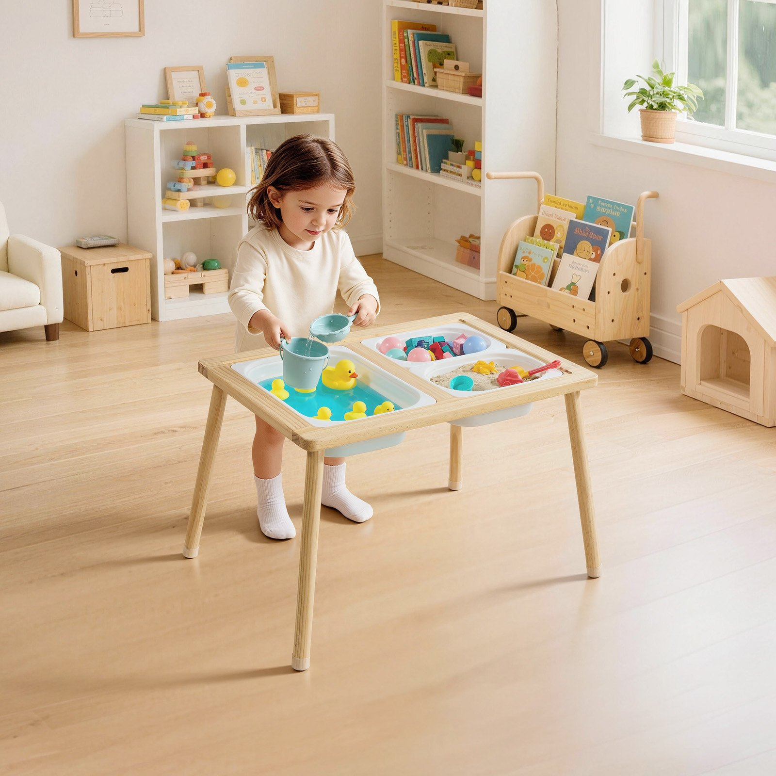 7-in-1 Wooden Sensory Table for Toddlers with Storage Bins