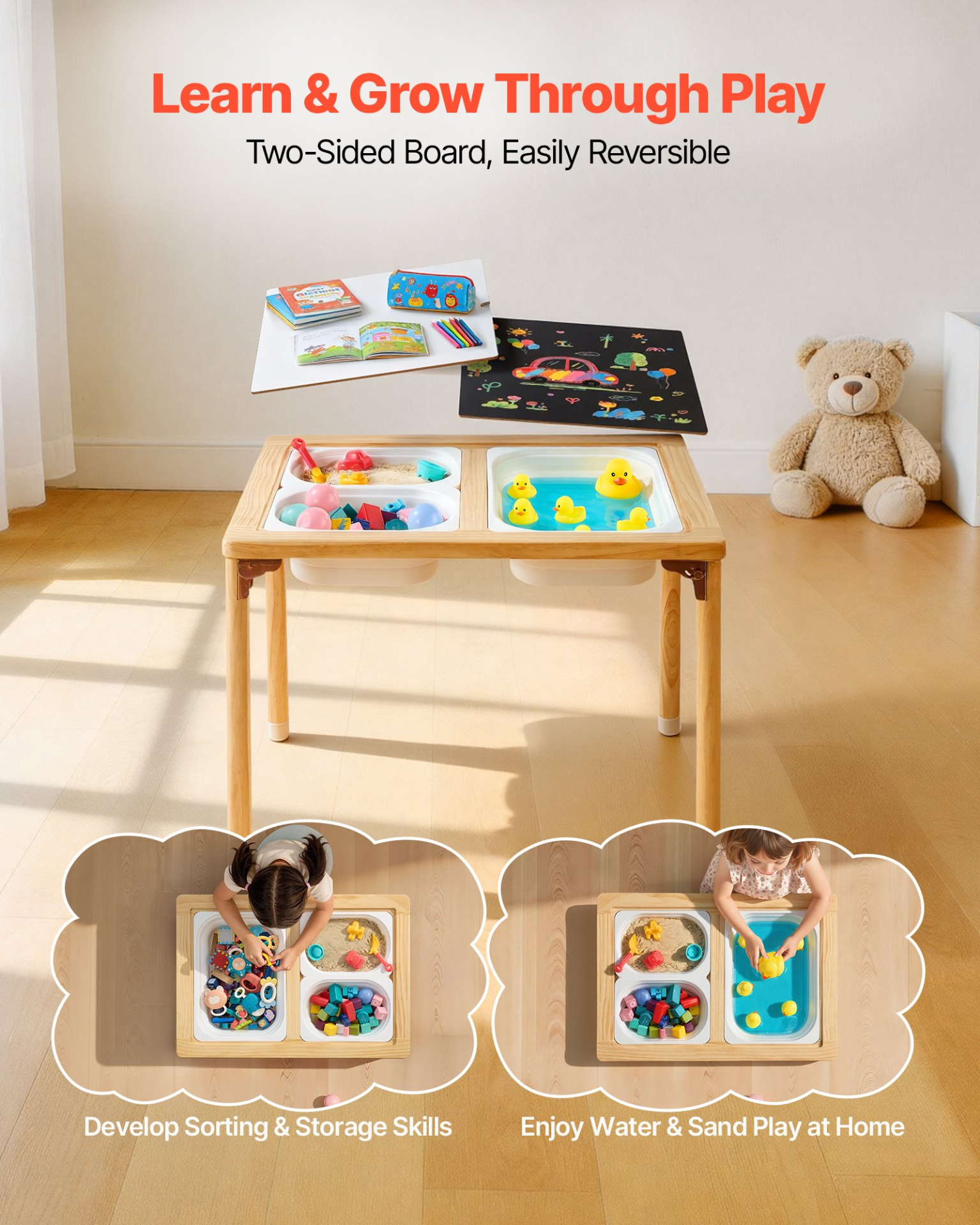 VEVOR Sensory Table for Toddlers, Foldable Wooden Kids Activity Table with Double-Sided Board, Storage Bins, and Non-Slip Feet, for Boys and Girls Playing Sand and Water, Drawing, Studying, Dining