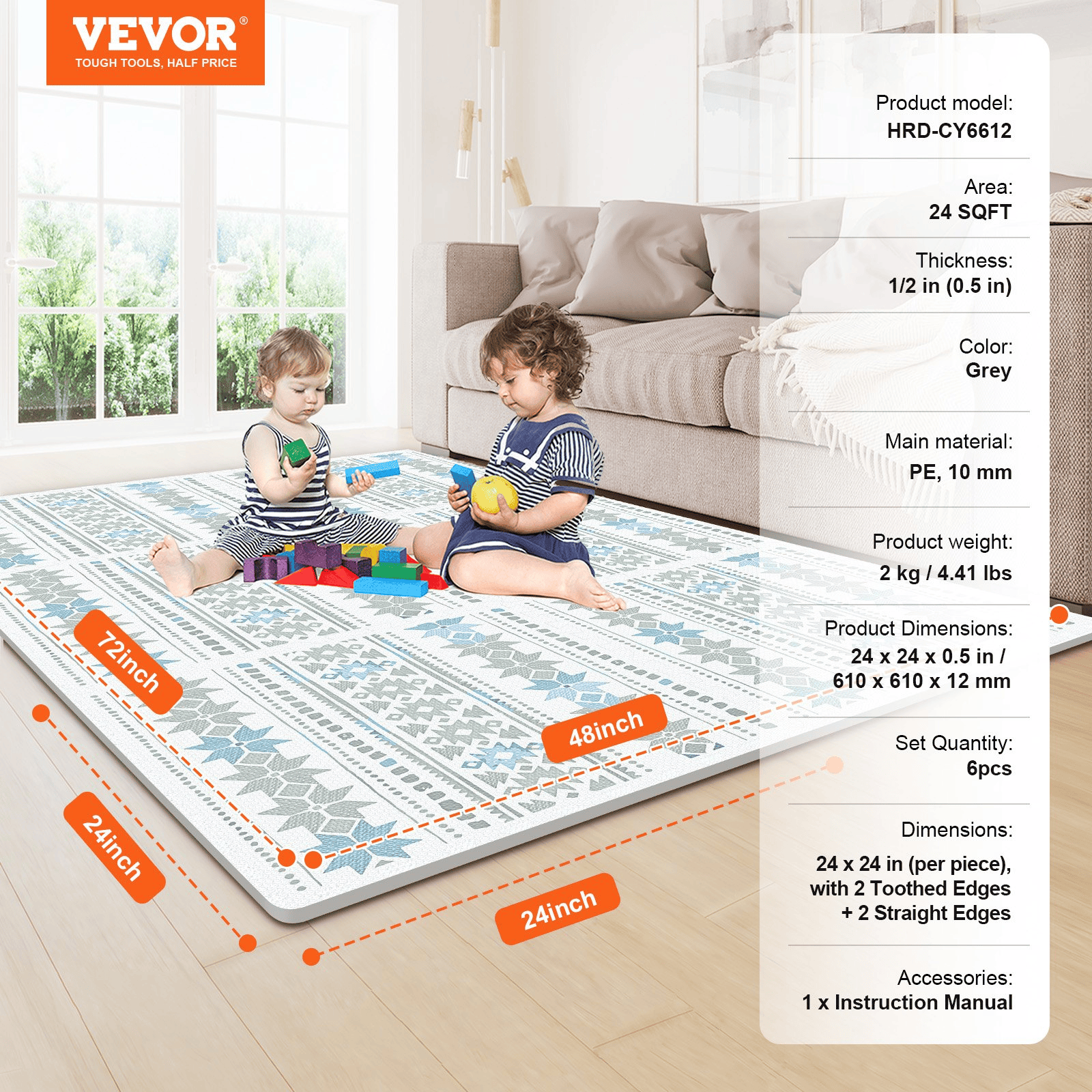 VEVOR Kids Foam Puzzle Floor Playmat 0.5 in 6 Pcs Interlocking EVA Soft Tiles - The Little Big Store
