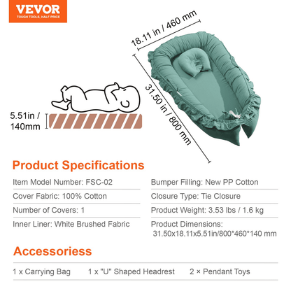 VEVOR Baby Infant Lounger 100% Cotton Soft Newborn Nest Sleeper with Headrest - The Little Big Store