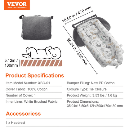 VEVOR Baby Lounger Baby Nest Sleeper for Newborn 100% Cotton with Headrest - The Little Big Store