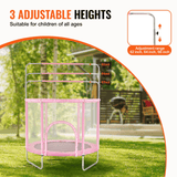 Pink trampoline showing three adjustable overhead-bar heights