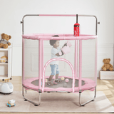 Pink enclosed trampoline with overhead bar and hanging punching bag