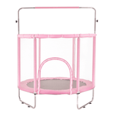 Pink mesh-enclosed trampoline with zippered doorway and overhead bar