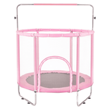 Front view of pink trampoline showing padded perimeter and mesh enclosure