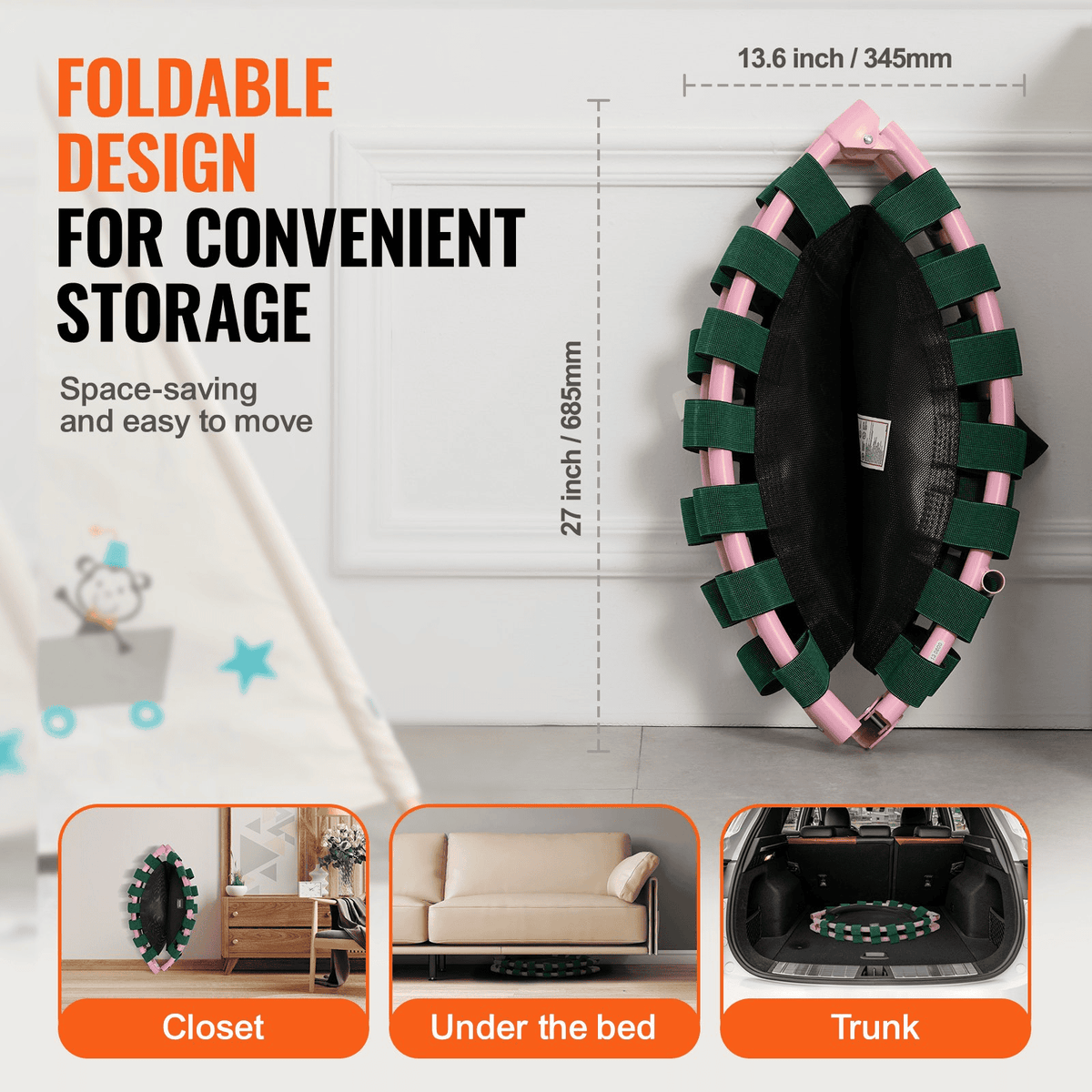 Mini trampoline frame folded for storage with dimensions shown