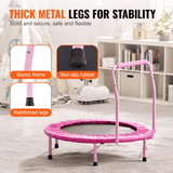 Pink mini trampoline with six metal legs and rubber feet