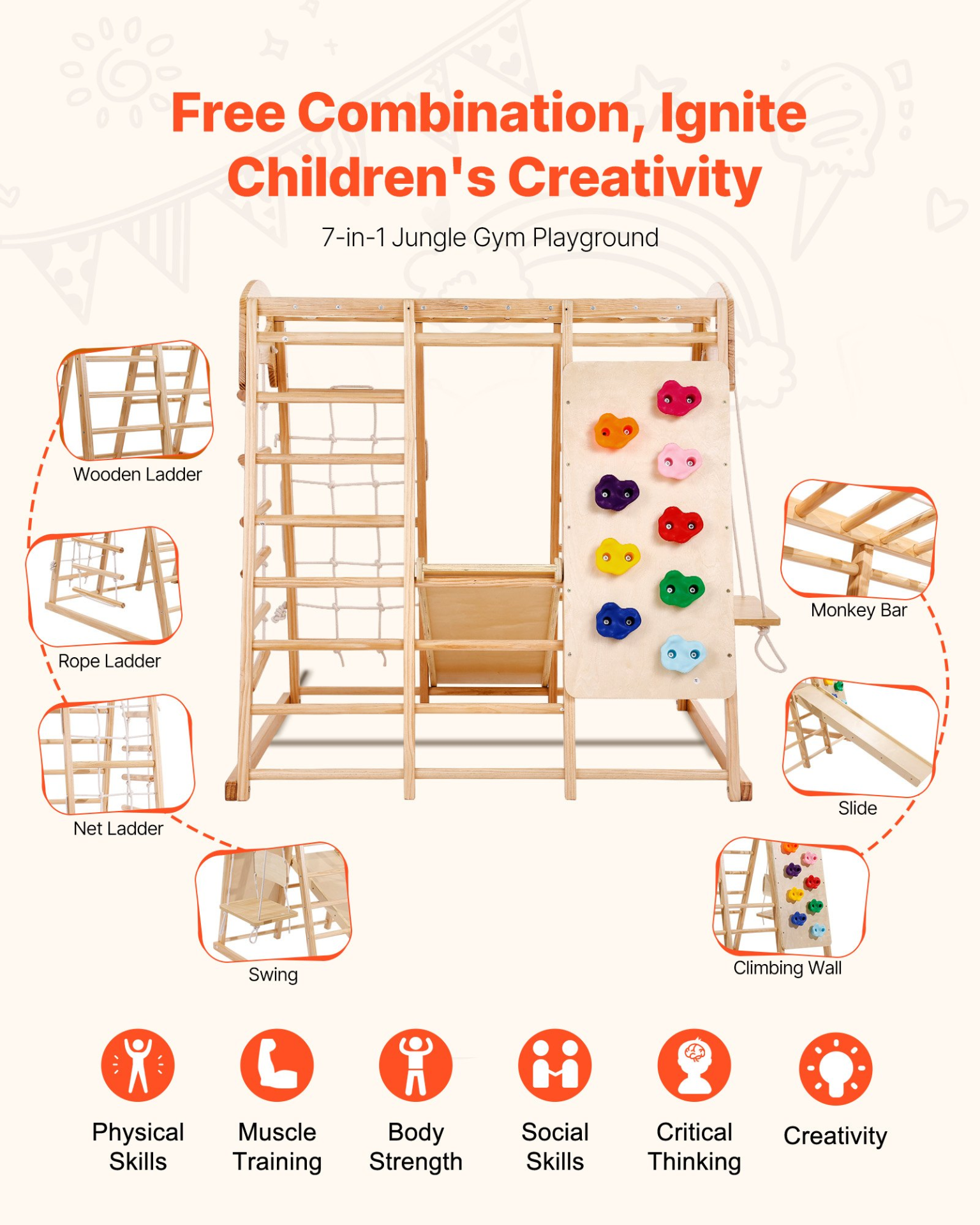 7-in-1 Indoor Jungle Gym for Kids – Wooden Climbing Playground Set with Slide & Swing