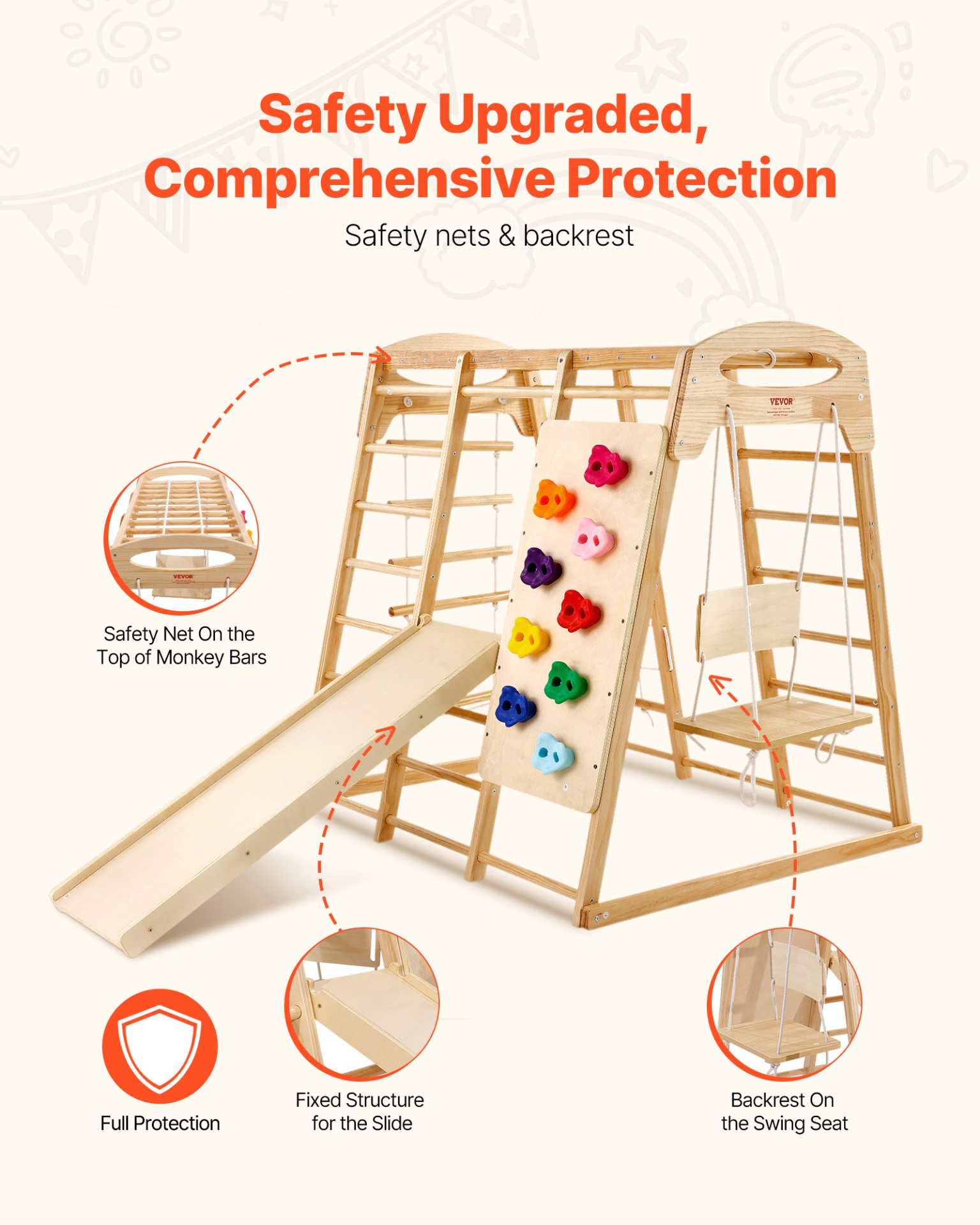 7-in-1 Indoor Jungle Gym for Kids – Wooden Climbing Playground Set with Slide & Swing
