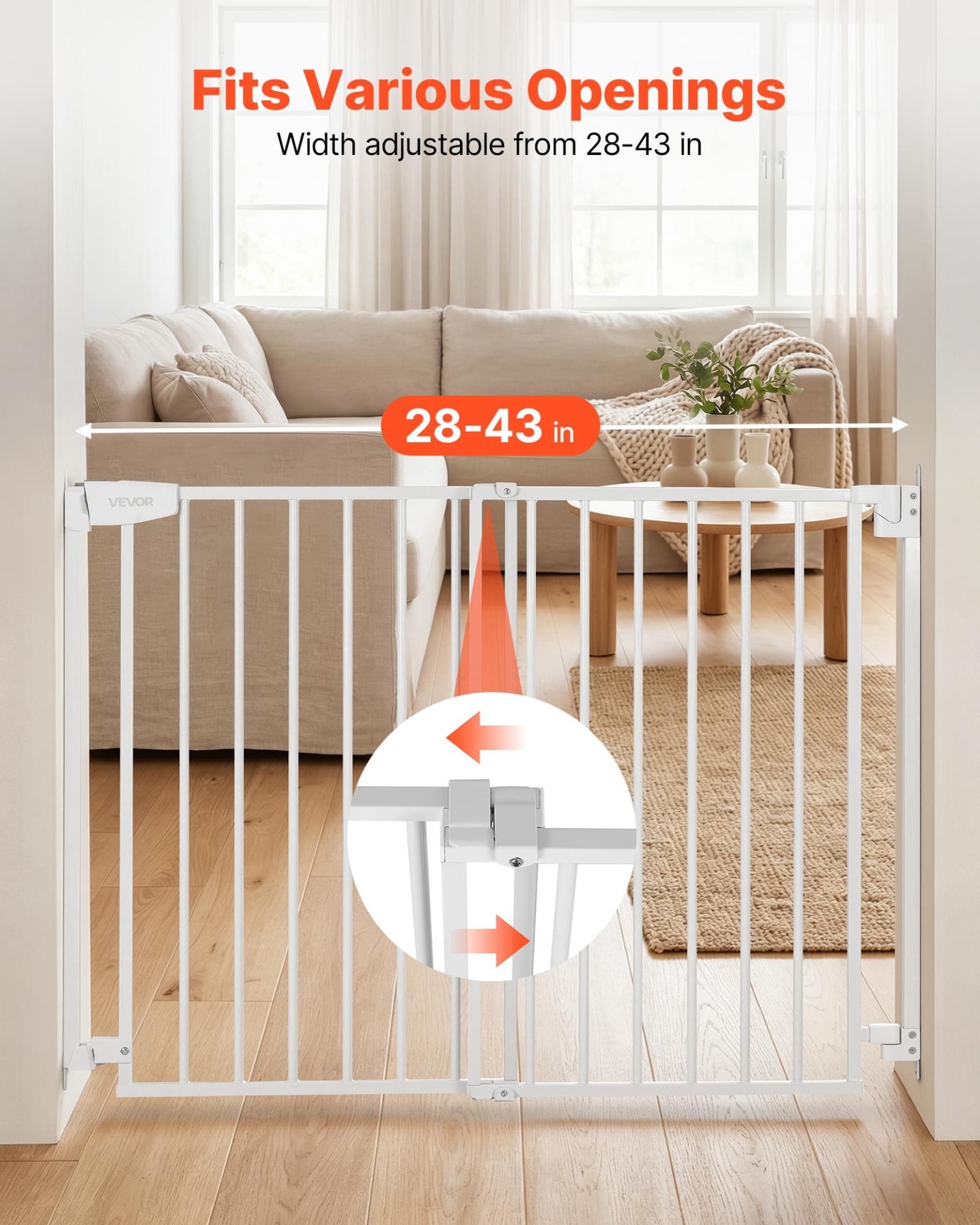 Adjustable Baby & Pet Safety Gate for Stairs – 30 Inch Hardware Mounted Barrier (White)