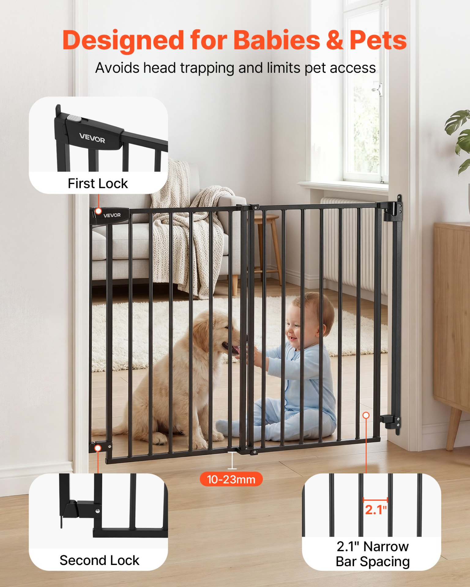 Adjustable Baby & Pet Safety Gate for Stairs – 30 Inch Hardware Mounted Barrier (Black)