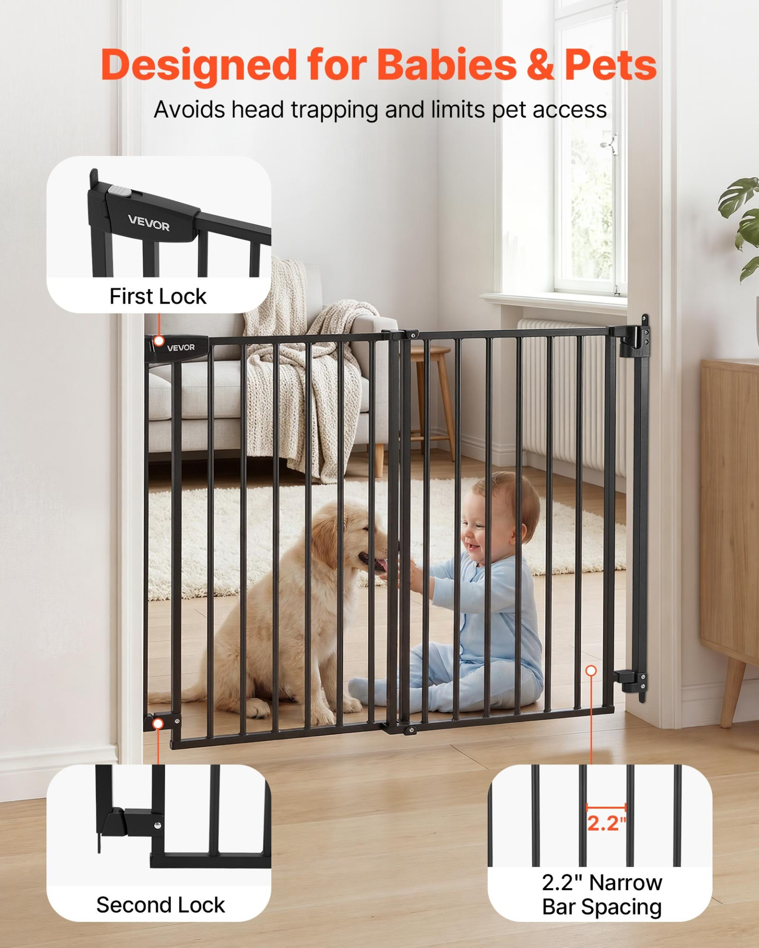 Adjustable Baby & Pet Safety Gate for Stairs – 36 Inch Hardware Mounted Barrier (Black)