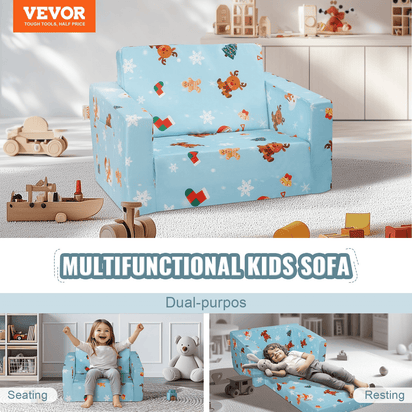 VEVOR Kids Christmas Couch, 2-in-1 Toddler Chairs Comfy, Toddler Couch Sofa Bed Fold Out, Convertible Sofa to Lounger, Kids Chair Seat Playroom Furniture for Kids Girls & Boys, Sky Blue - The Little Big Store