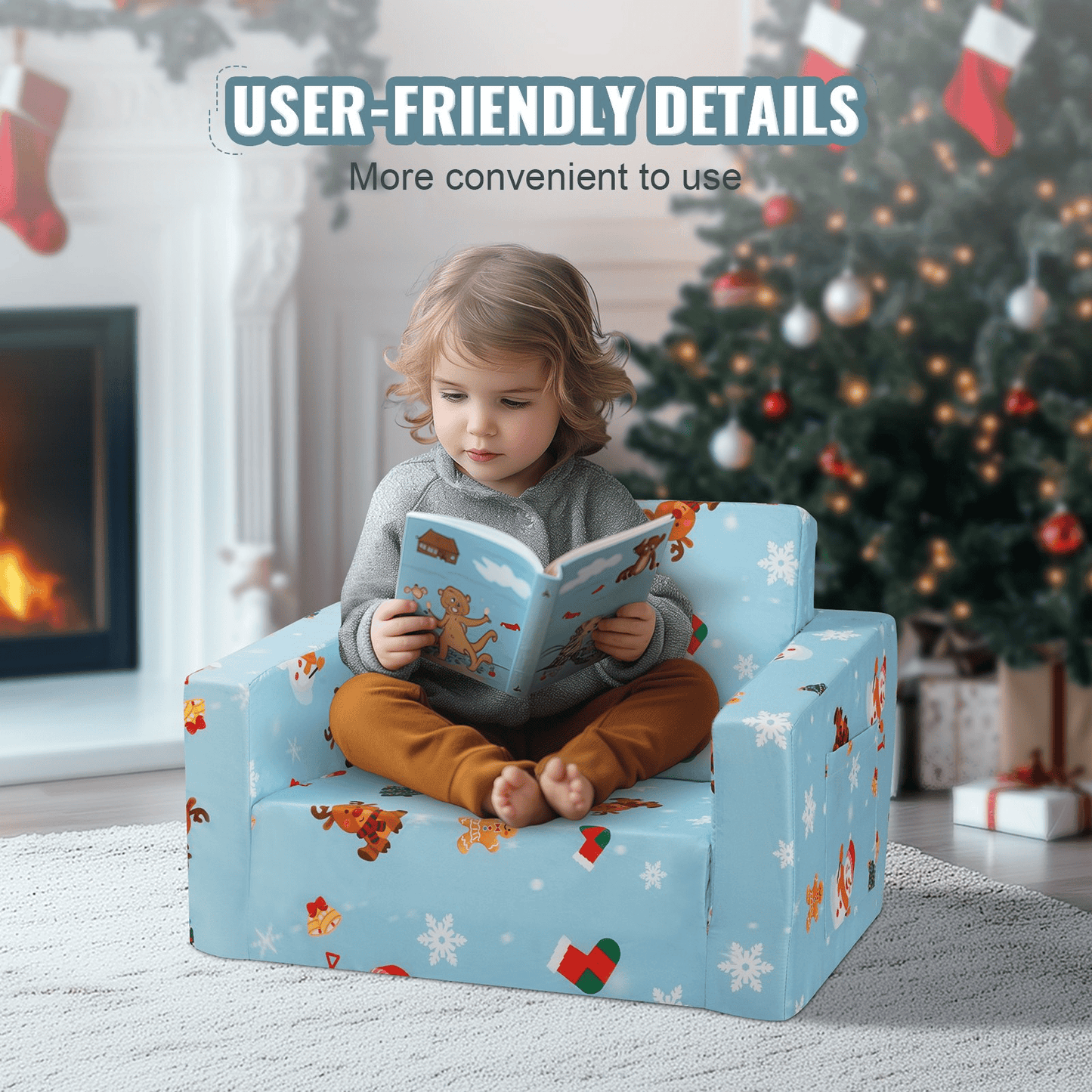 VEVOR Kids Christmas Couch, 2-in-1 Toddler Chairs Comfy, Toddler Couch Sofa Bed Fold Out, Convertible Sofa to Lounger, Kids Chair Seat Playroom Furniture for Kids Girls & Boys, Sky Blue - The Little Big Store