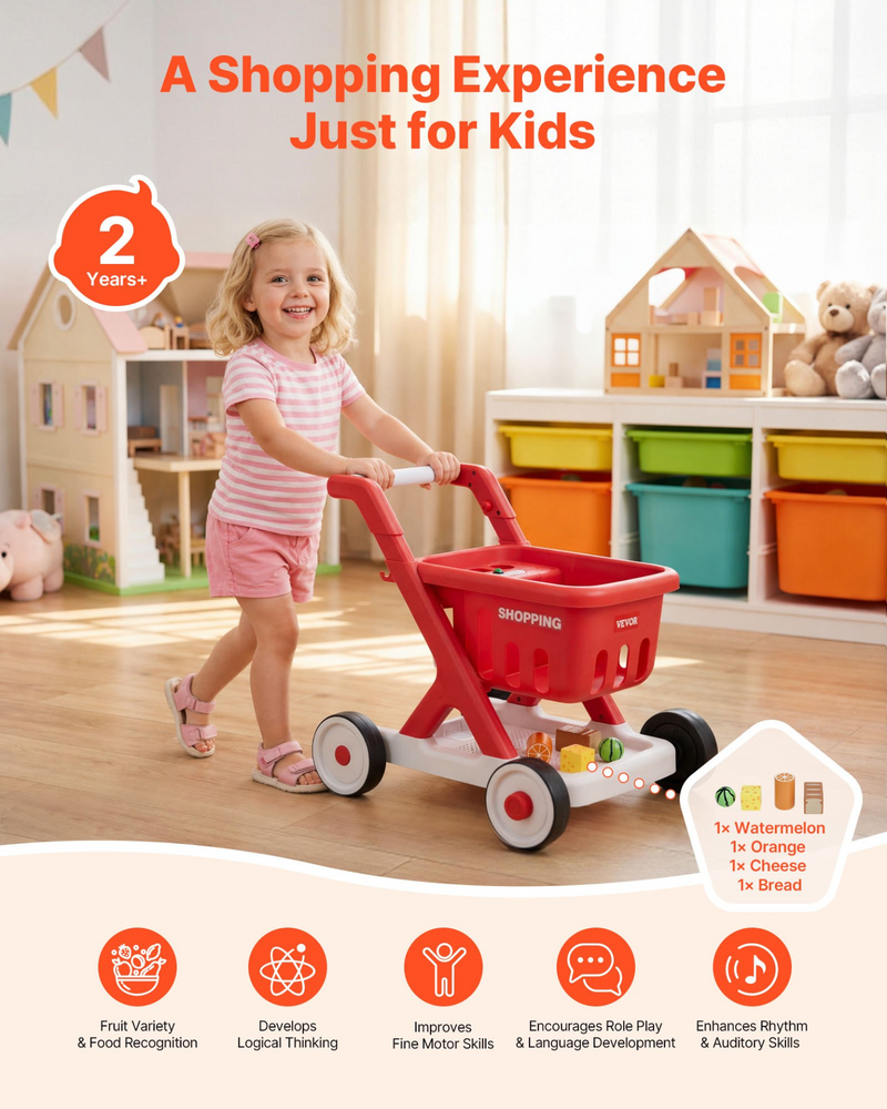 VEVOR Scan & Sort Kids Shopping Cart, for Kids 2+, Toy Shopping Cart with Pretend Food, Lights & Sound, Pretend Play Grocery Store Toy Trolley, Adjustable Height Baby Push Walker, for Toddlers Ages 2+