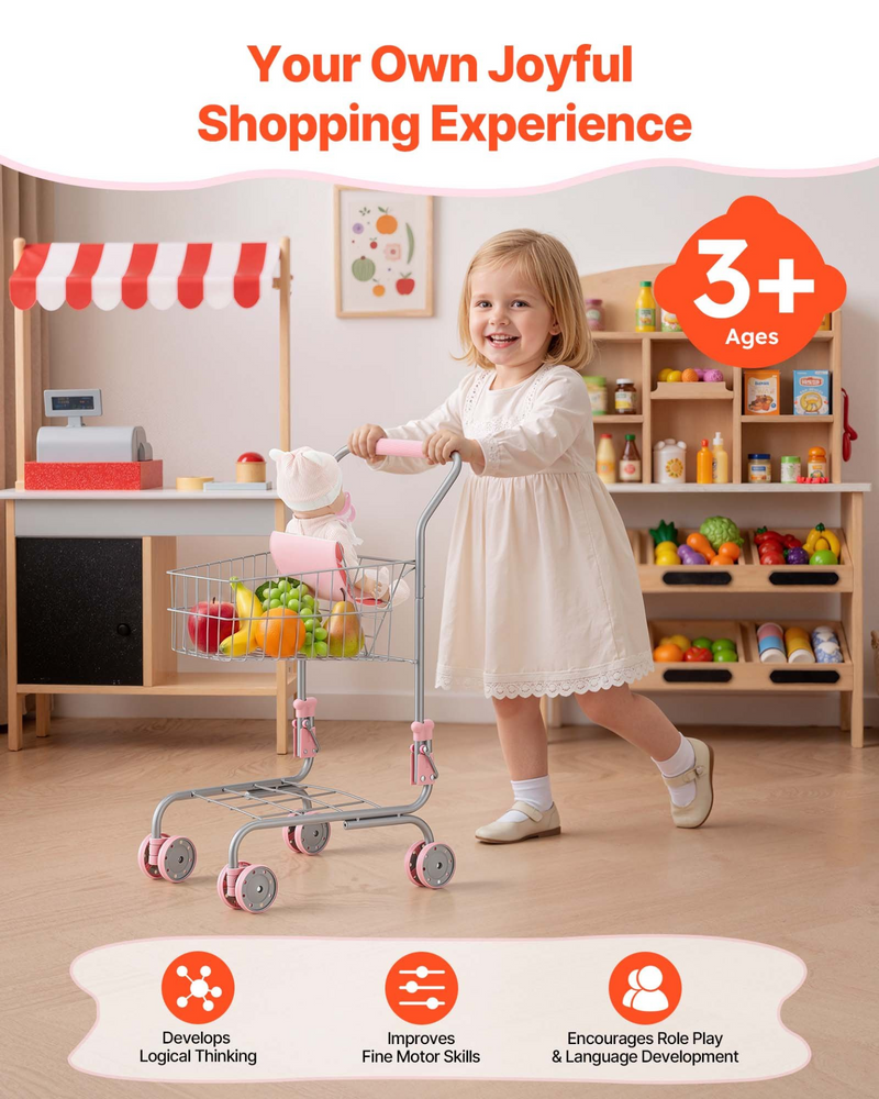 Kids Pretend Play Shopping Cart with Baby Doll – Pink