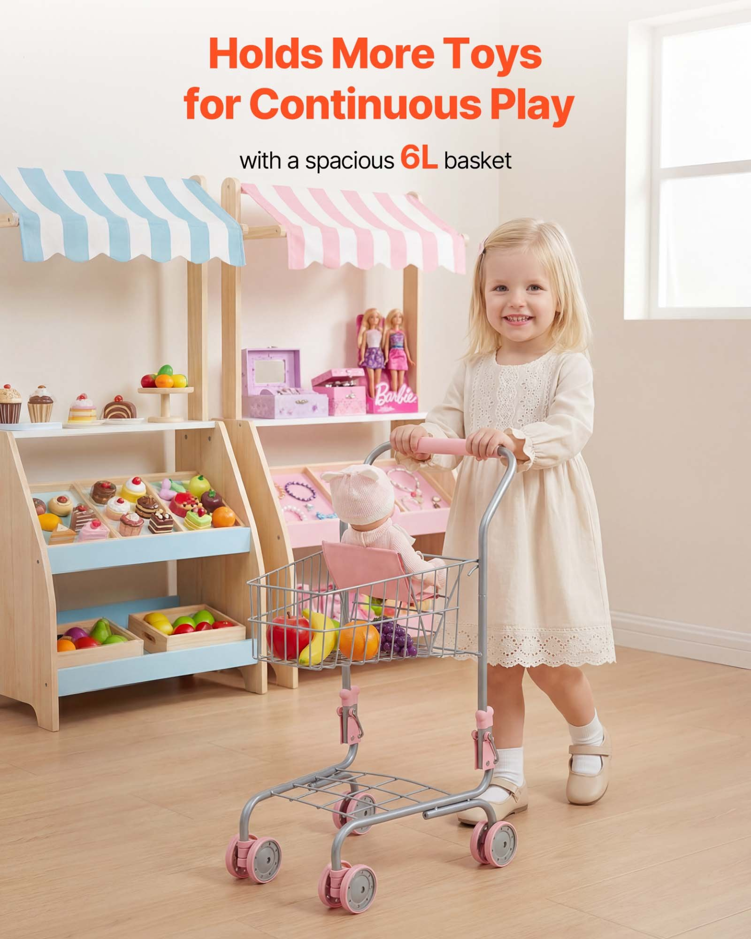 Kids Pretend Play Shopping Cart with Baby Doll – Pink